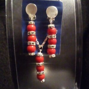 Elegant Red and Silver Beaded Clip On Earrings & Necklace Set
